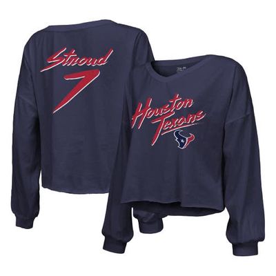 Women's Majestic Threads C. J. Stroud Navy Houston Texans Name & Number Script Off-Shoulder Cropped Long Sleeve T-Shirt