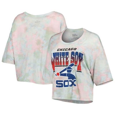 Women's Majestic Threads Chicago White Sox Cooperstown Collection Tie-Dye Boxy Cropped Tri-Blend T-Shirt in Light Blue