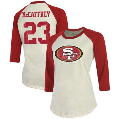 Women's Majestic Threads Christian McCaffrey Cream/Scarlet San Francisco 49ers Player Name & Number Raglan 3/4 Sleeve T-Shirt