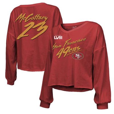 Women's Majestic Threads Christian McCaffrey Scarlet San Francisco 49ers Super Bowl LVIII Name & Number Script Off-Shoulder Cropped Long Sleeve