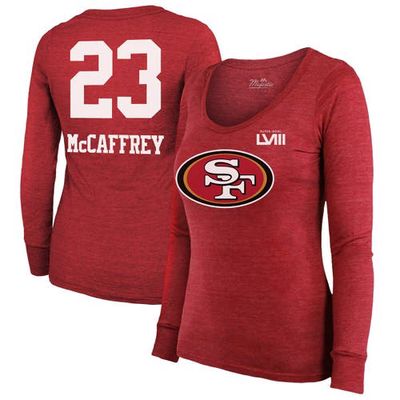 Women's Majestic Threads Christian McCaffrey Scarlet San Francisco 49ers Super Bowl LVIII Scoop Name & Number Tri-Blend Long Sleeve T-Shirt at