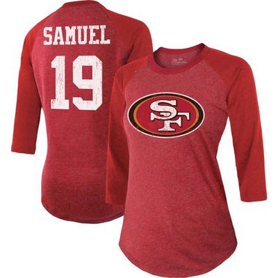 Women's Majestic Threads Deebo Samuel Scarlet San Francisco 49ers Player Name & Number Tri-Blend 3/4-Sleeve Fitted T-Shirt