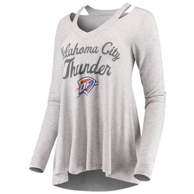 Women's Majestic Threads Gray Oklahoma City Thunder Double Dribble Separation Long Sleeve V-Neck T-Shirt