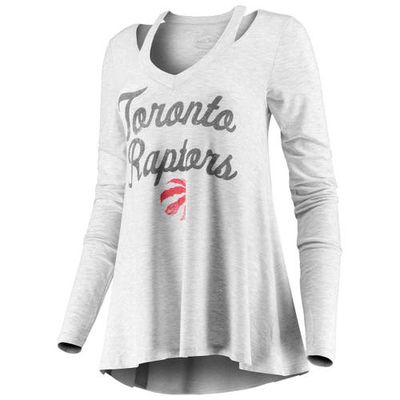 Women's Majestic Threads Gray Toronto Raptors Double Dribble Separation Long Sleeve V-Neck T-Shirt