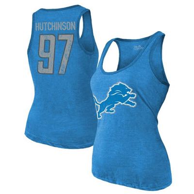 Women's Majestic Threads Heathered Blue Detroit Lions Name & Number Tri-Blend Tank Top