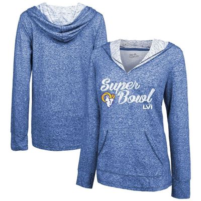 Women's Majestic Threads Heathered Royal Los Angeles Rams Super Bowl LVI Bound Arrival Slub V-Neck Pullover Hoodie in Heather Royal