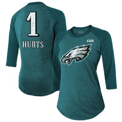 Women's Majestic Threads Jalen Hurts Midnight Green Philadelphia Eagles Super Bowl LVII Name & Number Raglan 3/4 Sleeve T-Shirt