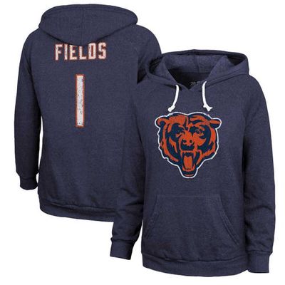 Women's Majestic Threads Justin Fields Navy Chicago Bears Name & Number Tri-Blend Pullover Hoodie