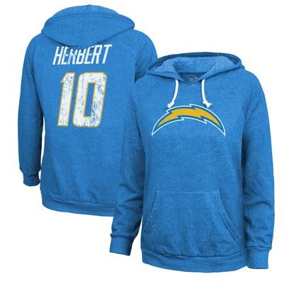 Women's Majestic Threads Justin Herbert Powder Blue Los Angeles Chargers Name & Number Tri-Blend Pullover Hoodie