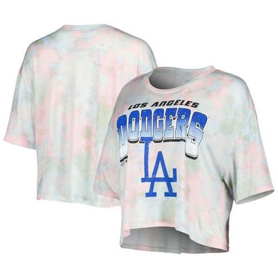 Women's Majestic Threads Los Angeles Dodgers Cooperstown Collection Tie-Dye Boxy Cropped Tri-Blend T-Shirt in Light Blue