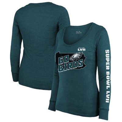Women's Majestic Threads Midnight Green Philadelphia Eagles Super Bowl LVII Local Phrase Tri-Blend Long Sleeve Scoop Neck T-Shirt