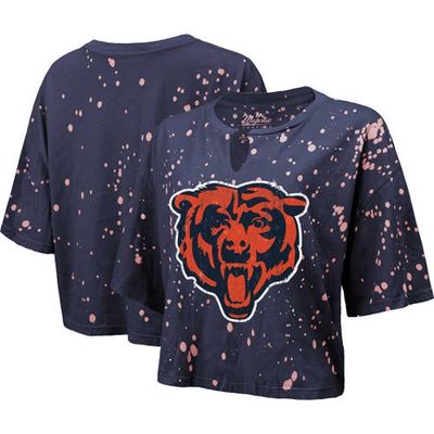 Women's Majestic Threads Navy Chicago Bears Bleach Splatter Notch Neck Crop T-Shirt