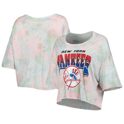 Women's Majestic Threads New York Yankees Cooperstown Collection Tie-Dye Boxy Cropped Tri-Blend T-Shirt in Light Blue