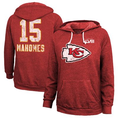 Women's Majestic Threads Patrick Mahomes Red Kansas City Chiefs Super Bowl LVIII Name & Number Tri-Blend Pullover Hoodie