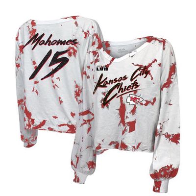 Women's Majestic Threads Patrick Mahomes White Kansas City Chiefs Super Bowl LVII Off-Shoulder Tie-Dye Name & Number Long Sleeve V-Neck T-Shirt at