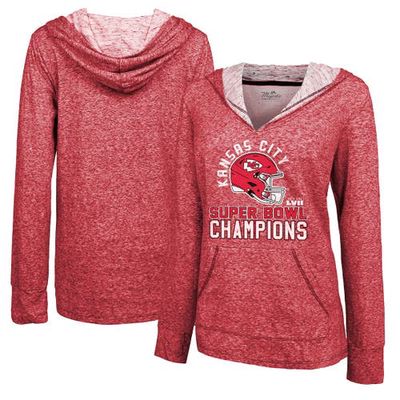Women's Majestic Threads Red Kansas City Chiefs Super Bowl LVII Champions Hard Count Pullover Hoodie