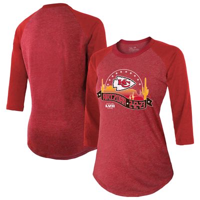 Women's Majestic Threads Red Kansas City Chiefs Super Bowl LVII Desert Tri-Blend Raglan 3/4 Sleeve T-Shirt