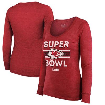 Women's Majestic Threads Red Kansas City Chiefs Super Bowl LVIII Make It Happen Tri-Blend Long Sleeve Scoop Neck T-Shirt