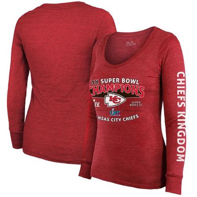 Women's Majestic Threads Red Kansas City Chiefs Three-Time Super Bowl Champions Sky High Long Sleeve Scoop Neck T-Shirt