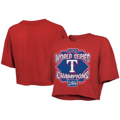 Women's Majestic Threads Red Texas Rangers 2023 World Series Champions Best Face Forward Boxy Cropped Tri-Blend T-Shirt