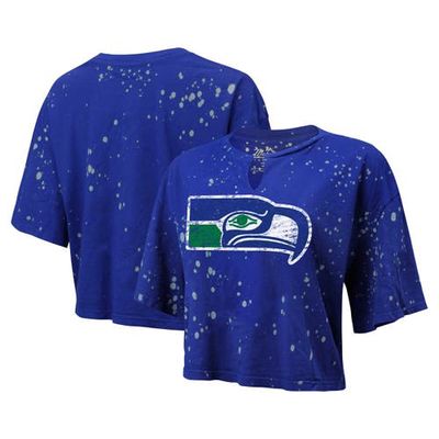 Women's Majestic Threads Royal Seattle Seahawks Bleach Splatter Notch Neck Crop T-Shirt