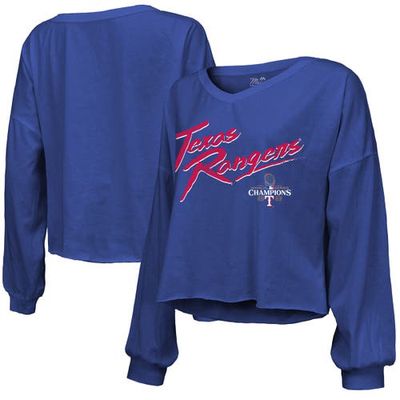 Women's Majestic Threads Royal Texas Rangers 2023 World Series Champions Off-Shoulder Script Cropped Long Sleeve V-Neck T-Shirt