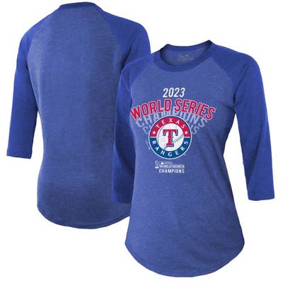 Women's Majestic Threads Royal Texas Rangers 2023 World Series Champions Out of this World Raglan 3/4-Sleeve Tri-Blend T-Shirt
