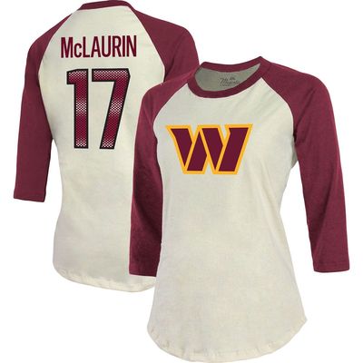 Women's Majestic Threads Terry McLaurin Cream/Burgundy Washington Commanders Name & Number Raglan 3/4 Sleeve T-Shirt