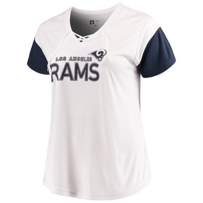 Women's Majestic White/Navy Los Angeles Rams Lace-Up V-Neck T-Shirt