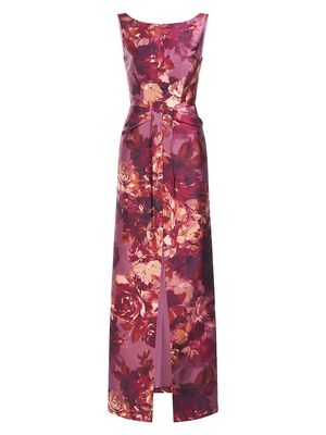 Women's Marlowe Rose-Print Mikado Column Gown - Garnet Multi - Size 14