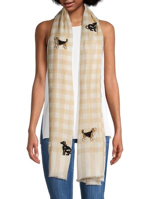 Women's Merino Wool Checked Poodle Appliqué Scarf - Beige Check