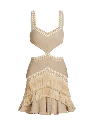 Women's Metallic Cut-Out Fringe Minidress - Clay - Size 2