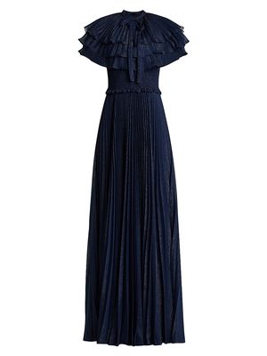 Women's Metallic Ruffled Cape Gown - Dark Navy - Size 0
