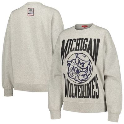Women's Mitchell & Ness Heather Gray Michigan Wolverines Oversized Logo Lightweight Pullover Sweatshirt