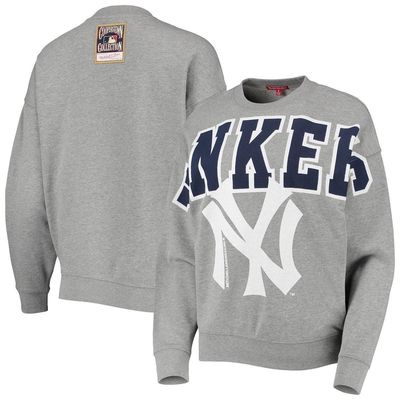 Women's Mitchell & Ness Heathered Gray New York Yankees Cooperstown Collection Logo Lightweight Pullover Sweatshirt in Heather Gray