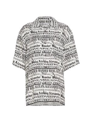 Women's Newspaper Logo Print Camp Shirt - White Black - Size Medium