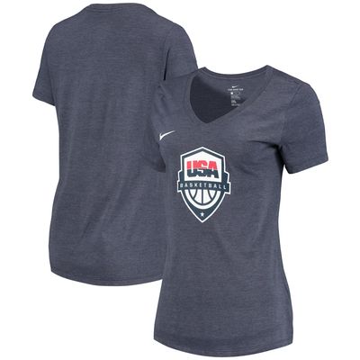 Women's Nike Heathered Blue USA Basketball Team Logo Tri-Blend V-Neck T-Shirt