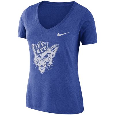 Women's Nike Heathered Royal BYU Cougars Vault Logo Tri-Blend Mid V-Neck T-Shirt