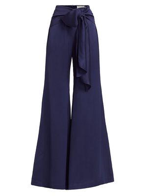 Women's Noa Flared Tie Satin Pants - Navy - Size Large