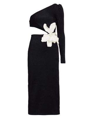 Women's One-Shoulder Floral Appliqué Maxi Dress - Black - Size 12