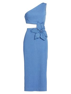 Women's One-Shoulder Knit Appliqué Midi-Dress - Sky - Size 12