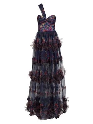 Women's One-Shoulder Tulle Gown - Navy Multi - Size 10