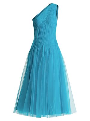 Women's One-Shoulder Tulle Midi-Dress - Peacock - Size 0