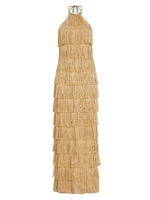 Women's Oriana Tiered Fringe Cotton-Blend Gown - Gold - Size Small