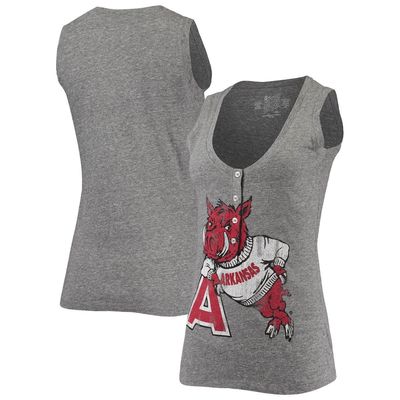 Women's Original Retro Brand Heathered Gray Arkansas Razorbacks Relaxed Henley Tri-Blend V-Neck Logo Tank Top in Heather Gray