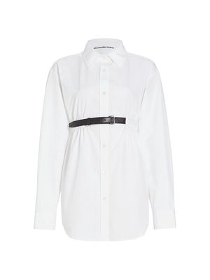 Women's Oversized Belted Cotton Shirt - White - Size Medium