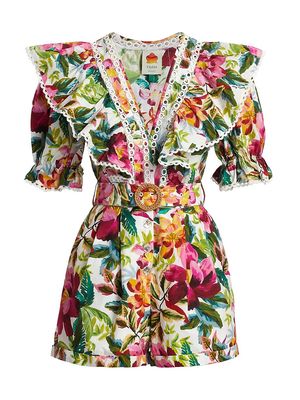 Women's Painted Flowers Belted Romper - Painted Flowers Off White - Size XS