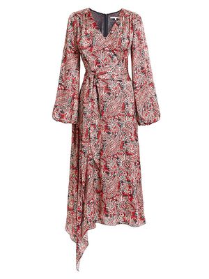 Women's Paisley Satin Wrap Midi-Dress - Crimson - Size 10