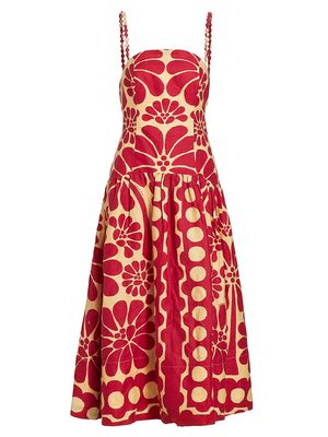 Women's Palermo Printed Linen Midi-Dress - Red - Size Medium