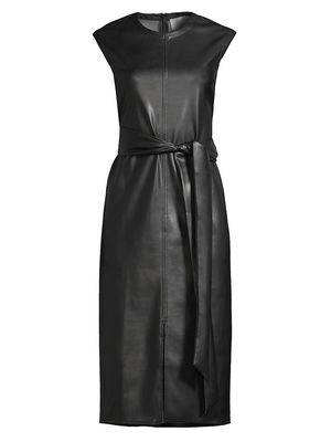 Women's Pilar Belted Vegan Leather Midi-Dress - Black - Size XS
